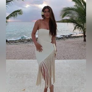 Meshki Yasmin Wrap Over Midi Dress with fringe NWT